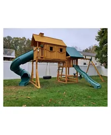 Little Brown Wooden Fantasy Tree House with Slides & Tents - Multicolor