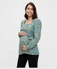 Mamalicious Floral Square Neck Maternity Top - Blue