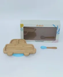 Mori Mori Car Suction Bamboo Plate With Spoon - Blue