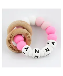 Desert Chomps Personalized Silicone & Wooden Rattle Teether Ringlet - Desert Rose