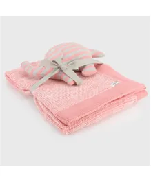 Pluchi Knitted Toy and  Blanket Set Sophia Mini Seed Stitch Cotton Blanket with Elephant Toy - Pink