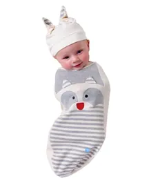 BABYjoe Baby Cocoon Swaddle Raccoon Baby  Headpiece and Announcement Card- White and Grey