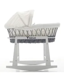 Teknum Infant Wicker Moses Basket With Waffle Beddings And Rocker Stand  - Wooden Grey