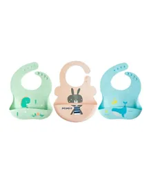 Pixie Silicone Bibs 3-Pack , Dino, Bunny, Whale Designs , Waterproof, Adjustable, BPA-Free for Babies 6M+