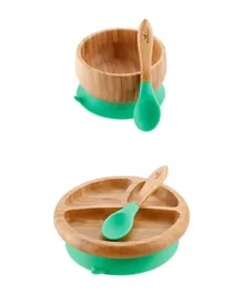 Avanchy Bamboo Suction Bowl, Plate & Spoon Set - Green