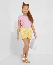 Neon Checkered Elastic Waist Shorts - Yellow