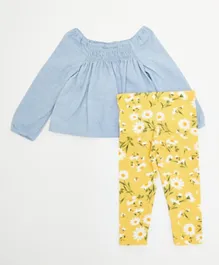 The Children's Place Chambray Smocked Top And Daisy Print Knit Leggings - Multicolor