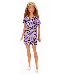 Barbie Doll Blonde Wearing Heart Print Dress And Platform Sneakers - Purple