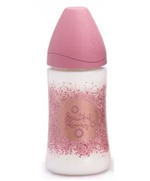 Suavinex Wide Neck Feeding Bottle Anatomical Silicone Teat Beautiful Flower Sparkle Pink - 270 ml