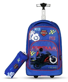 Eazy Kids Racing Big Wheel Trolley & Pencil Case Combo - Durable, Reflective, Water-Resistant School Bag Set for Ages 6+ in Blue
