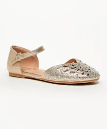 Little Missy Hook & Loop Closure Embellished Round Toe Ballerina Shoes - Gold