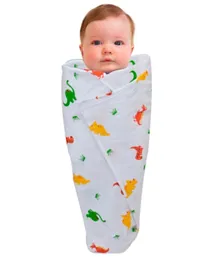 Wonder Wee Red Dino 44' Soft and Smooth Mulmul Fabric Baby Swaddle Wrap - Multicolour