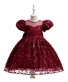 Babyqlo Balloon-Sleeves Embroidered Party Dress - Maroon