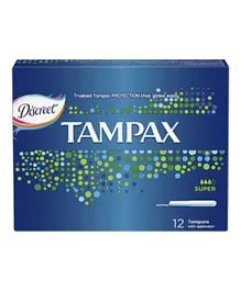 Tampax Cardboard Applicator + Super Absorbency Tampons - Pack of 12