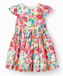 زيبي - فستان مزين بالزهور مع طباعة ألوان مائية بالكامل - متعدد الألوان