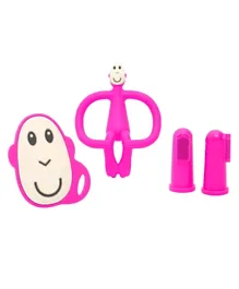 Matchstick Monkey Pink Teething Starter Set - Silicone Brush & Teethers, 3-12M, BPA Free, Antimicrobial