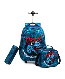 إيزي كيدز - حقيبة المدرسة على عجلات بتصميم ديناصور تي-ريكس مع حقيبة غداء ومقلمة - أزرق - 18 بوصة