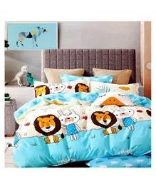 Brain Giggles 100% Cotton Lion Cartoon Printed Double Bed sheet and Pillow Case - Blue