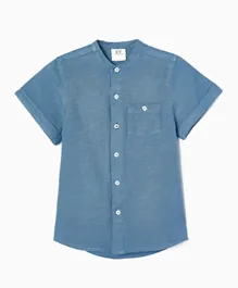 قميص زيبي بأكمام قصيرة وأزرار - أزرق