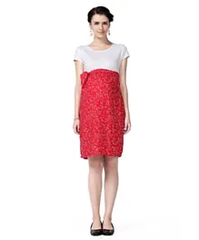 House of Napius Maternity Printed Midi Dress with Tie Up Belt - Red