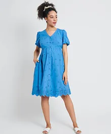JoJo Maman Bebe Short Sleeved Broderie Buttoned Maternity Dress - Blue