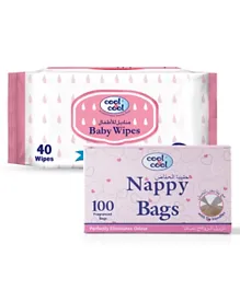 Cool & Cool 100 Nappy Bags + 40 Baby Wipes - Pink