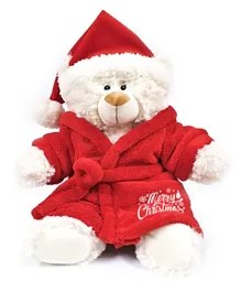 Fay Lawson Bear with Santa Hat and Velour Bathrobe with Merry Christmas embroidery Red and Cream - 38 cm