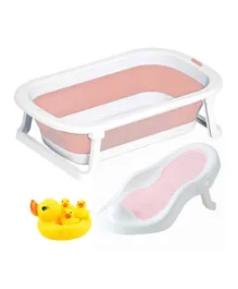 ستار بيبيز - حوض استحمام قابل للطي + كرسي استلقاء وشطف للاستحمام + ألعاب مطاطية لحمام البط - وردي