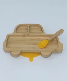 Mori Mori Car Suction Bamboo Plate With Spoon - Yellow