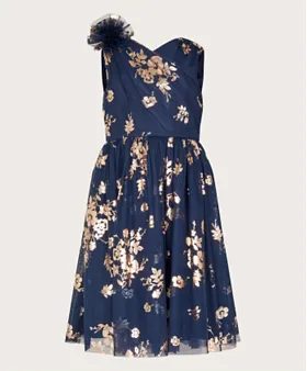 Monsoon Kids' Vera Floral Embroidered Velvet Party Dress, Navy, 3 years