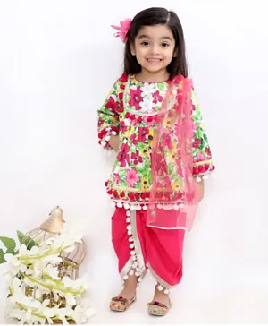 Little Bansi Floral Print Full Sleeves Kurti With Salwar & Dupatta - Pink