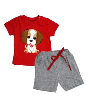Donino Baby Dog Cartoon Tee with Short Set - Red