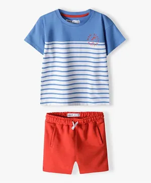 Minoti Striped T-Shirt & Fleece Shorts Set - Red/Blue/White