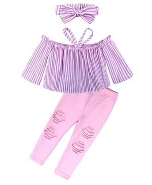 Kids Tales Striped off shoulder Top with Stretchable Bottom and headband 3 Piece set for girls - Pink