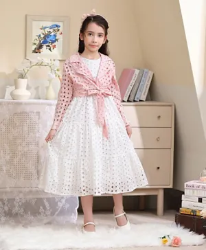 Le Crystal Eyelet Pattern Party Dress With Long Sleeve Jacket - White & Pink