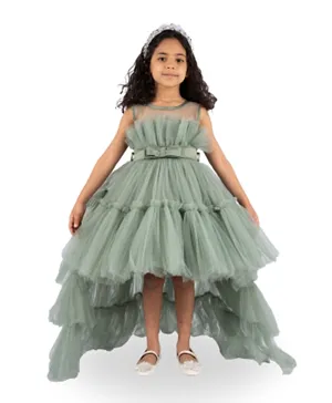 DDANIELA Bow Front Ruffle Hem Mesh Party Dress with Detachable Long Tail - Green