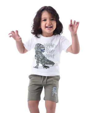 Victor and Jane Cotton T-Rex Graphic T-Shirt & Shorts Set - White/Olive Green