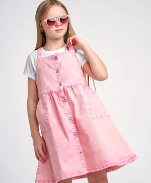 Minoti Acid Wash Twill Pinafore Dress - Soft Pink
