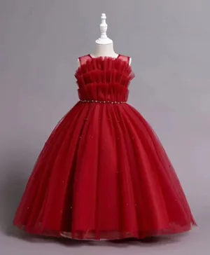 بيبكلو فستان حفلات طويل بتصميم شبكي مزدوج مزين باللؤلؤ - أحمر