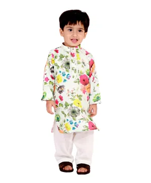 Little Bansi Full Sleeves Floral Print Kurta with Pearl Button & Pyjama - Green