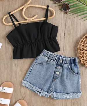 Babyqlo Solid Crop Top With Denim Shorts - Black