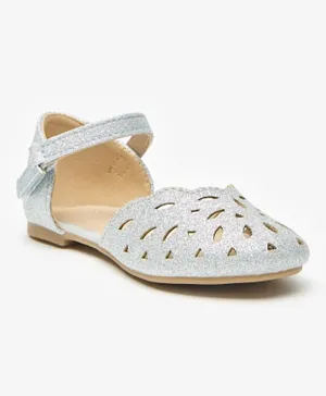 Flora Bella by Shoexpress Glittery Round Toe Hook and Loop Closure Ballerina Shoes - Silver