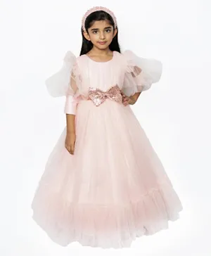 DDANIELA Bow Detailed Princess Frilled Maxi Dress - Baby Pink