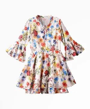 Jelliene All Over Floral Print Bow Detailed Bell Sleeves Dress - Multi Color