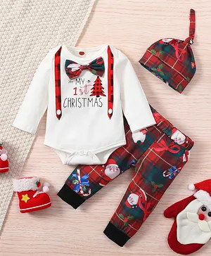 Babyqlo My First Christmas Graphic Bodysuit & Pants Set With Cap - Multicolor