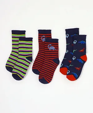Minoti Boys 3 Pack Dinosaur Striped Knitted Socks - Multicolor