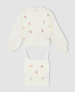 DeFacto Floral Cardigan With Inner Tee - Ecru