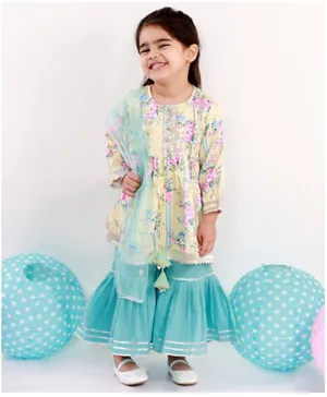 Little Bansi Full Sleeves Floral Print Kurta with Sharara & Dupatta - Blue