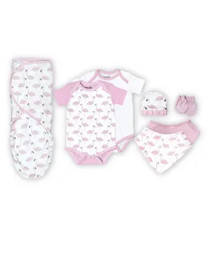 MOON Organic Baby Gift Bodysuit Swaddle Bibs Hat with Mitten Set Pink - Pack of 7