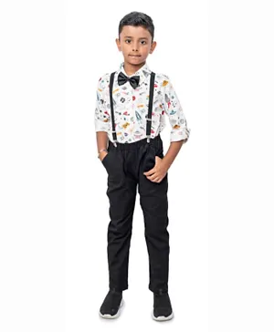 Babyqlo Space Theme Shirt with Bow and Pants with  Suspender Set - White & Black